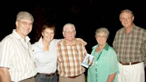 At the banquet during the launch of the Lowveld Bird Spotter's Guide at Sefapane Lodge in Phalaborwa on 23 March 2009. From l.t.r: Rick Nuttall, President of Birdlife SA, Annachris Sewards, Chairman of hte Phalaborwa Bird Club, Herman van Niekerk and Saartjie Kidson, authors, and Dr. Salomon Joubert, who wrote the introduction to the Lowveld Bird Spotter's Guide.